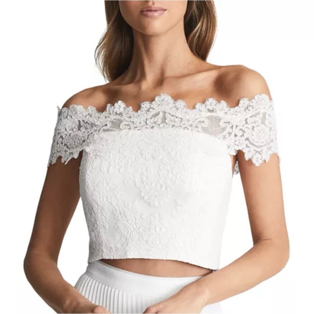 Reiss Evora Bardot Lace Off Shoulder Crop Top White NWT Size 8 Bridal